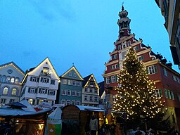 A group of buildings with a christmas tree

AI-generated content may be incorrect.