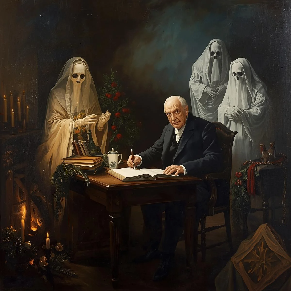 A painting of a person sitting at a desk with ghosts