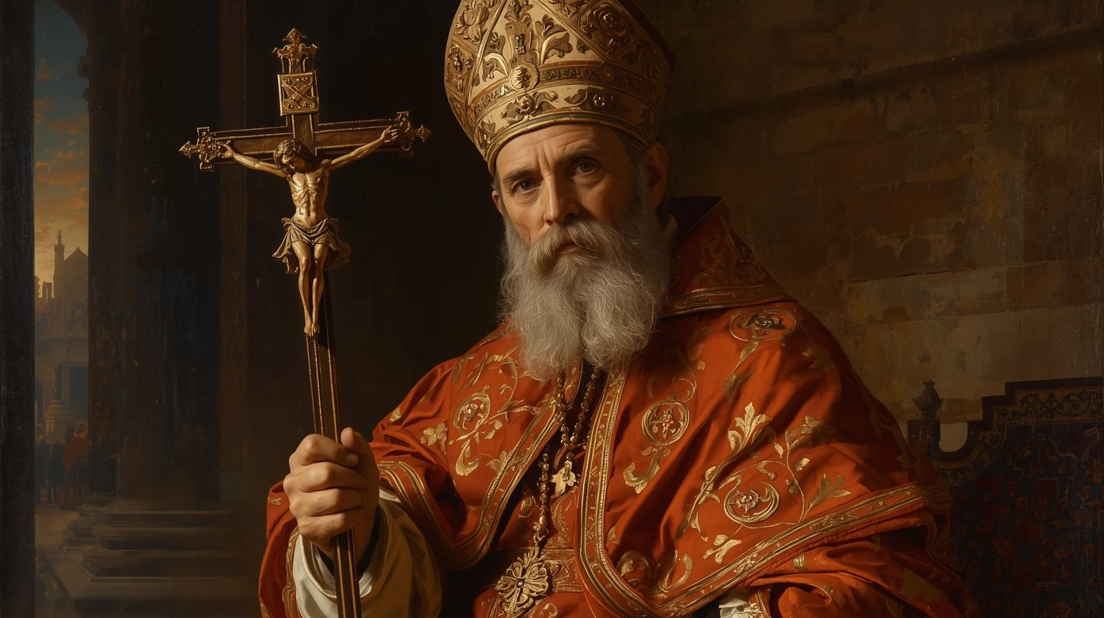 A person in a robe holding a cross

AI-generated content may be incorrect.