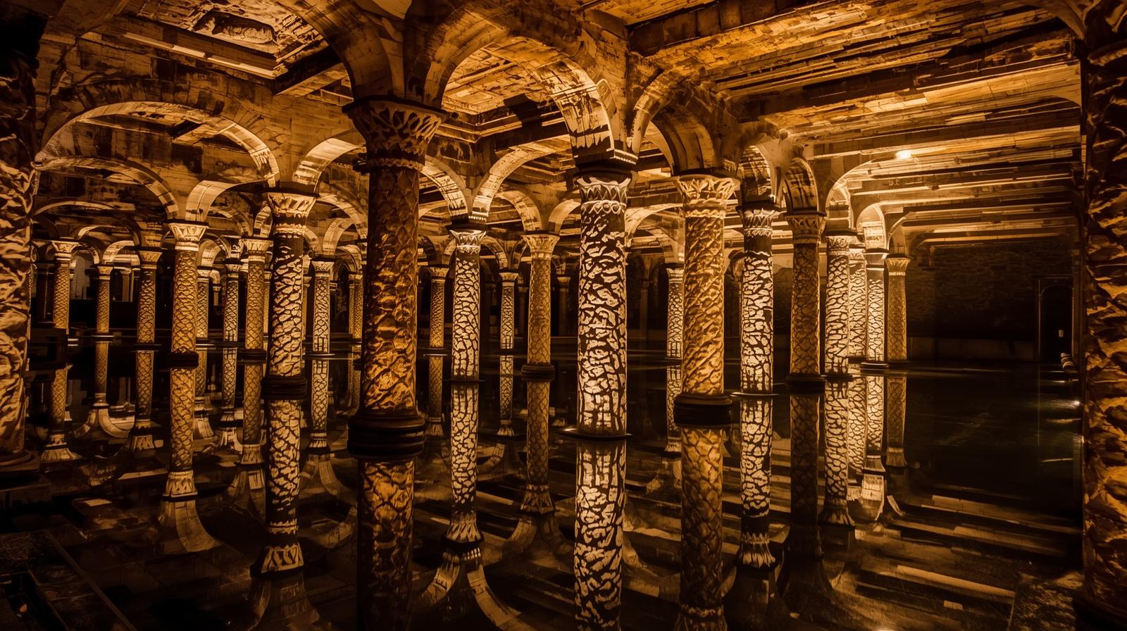 A large room with columns and lights

AI-generated content may be incorrect.